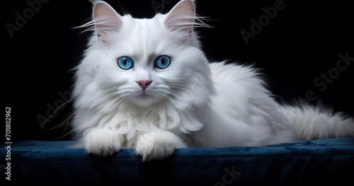 Portrait of a beautiful white cat with blue eyes on a black background