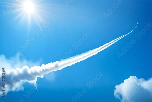 White steam trail from plane or rocket on blue clear sky. Realistic vector illustration of curve smoke tail. Airplane speed flight condensation contrail. Panoramic skyscape with swirl motion gas track