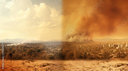 Disasters, dust and drought caused by global warming. with a city in the background