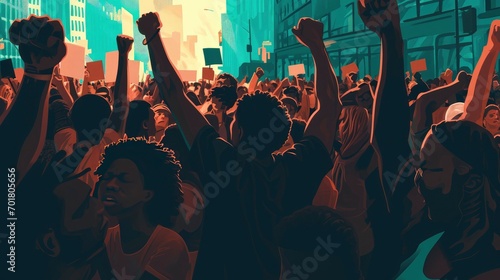 African American people in a crowd fighting and protesting in the street with raised fists against racism and racial discrimination, for change, freedom, justice and equality, Black Lives Matter