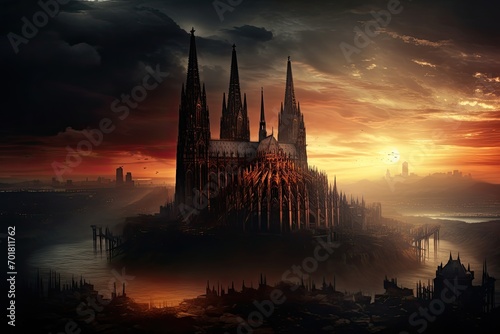 Cathedral of Cologne at sunset, Germany, Europe. Digital painting, AI Generated