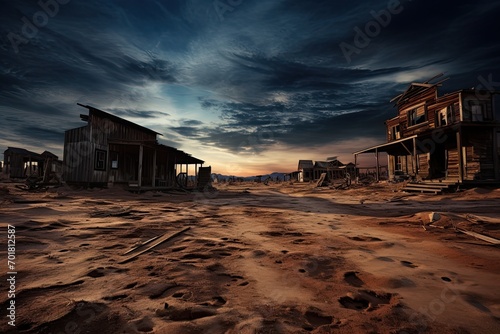 abandoned house in the desert at sunset with a dramatic sky, AI Generated