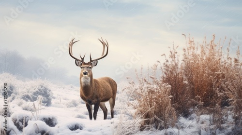 Deer in Winter Meadow. Generative AI