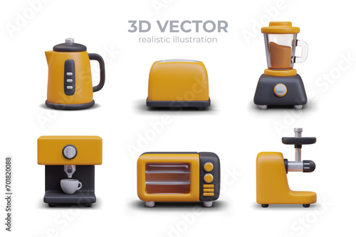 Large set of kitchen appliances in cartoon style. Realistic kettle, toaster, blender, coffee maker, microwave oven, juicer. Isolated electrical devices on white background