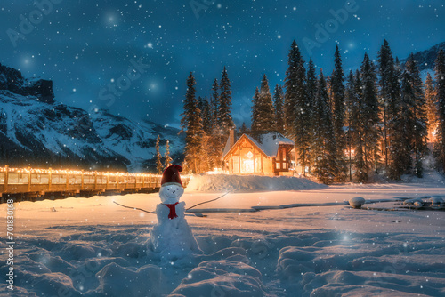 Emerald Lake with wooden cottage and snowman in falling snow at Yoho national park, Canada