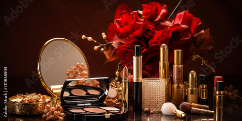 luxury set of cosmetics in a composition with flowers, demonstration, presentation of a cosmetic product