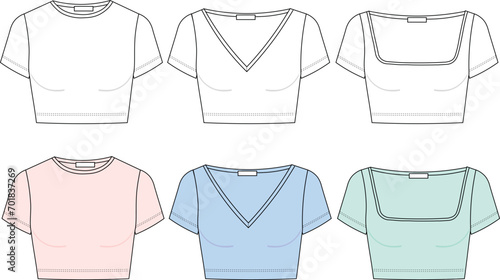 Set of Crop Top technical fashion illustration. Tee Shirt fashion flat technical drawing template, round neck, square neck, v-neck, slim fit.
