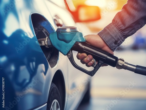 Close up hand of man Driver Refuels Car at Gasoline Pump, Hands Holding Fuel Nozzle at Petrol Station. Vehicle Refueling Process at the Gas Station.