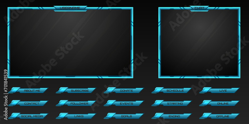 Stream Overlay Futuristic Neon Blue Webcam Frame and Stream Alert Screen GUI Panels for Gaming and Video Streaming Platforms