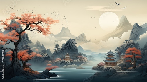 Illustration of a Chinese landscape with mountains, pagoda and lake