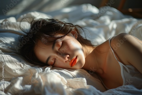 Beautiful young woman sleeping on bed at home in the morning.