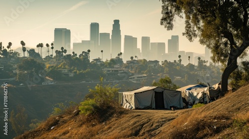 Refugee camp shelter for homeless in front of Los Angeles City Skyline