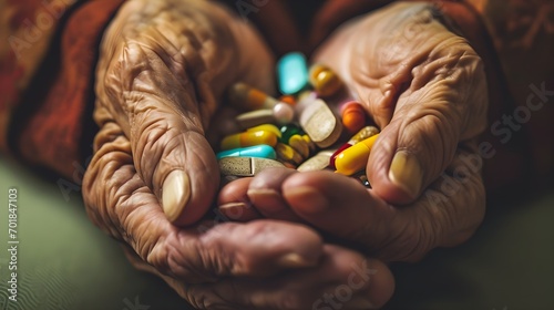Medical pills in hands. Old person hands holding many multicolored pills. Senior health care concept. 