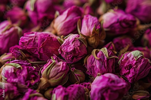 Dried Rosebuds Texture for Aromatic Tea and Spices. Closeup Floral Background with Copyspace.