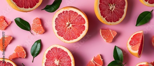 Sliced grapefruits laid out on a pink background, oozing freshness and zest.
