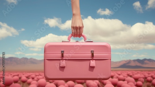 girl's hand holds retro pink suitcase on the sky background. Travel concept. Generative AI 