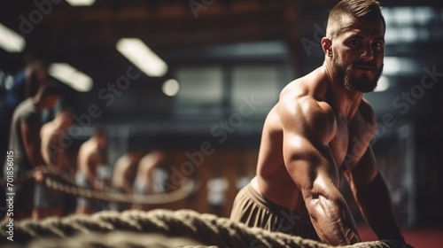 Man with battle rope doing exercise in gym