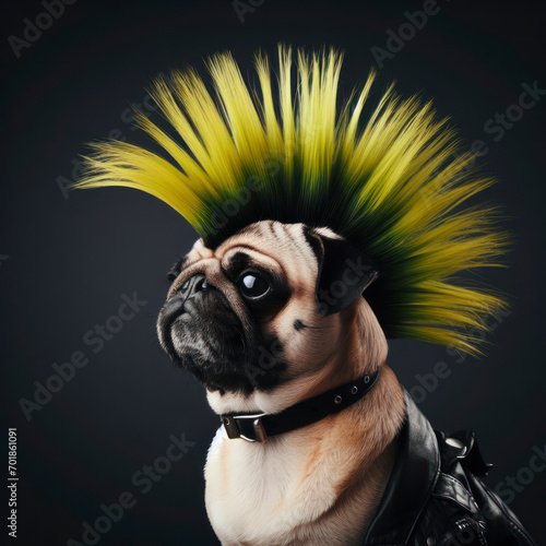 pug dog crested as a punk with bright mohawk on solid dark background. ai generative
