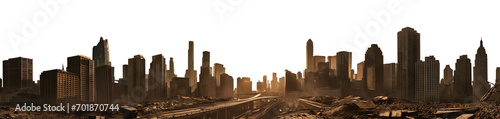 vast post apocalyptic city skyline sunset silhouette - premium pen tool cutout - city with tall buildings and skyscrapers - debris and destruction - wide panoramic angle