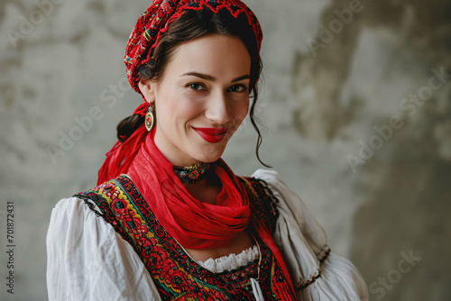 portrait of a Croatian Woman, Croatian woman in traditional costume, red scarf, smiling, model photography, Traditional Attire