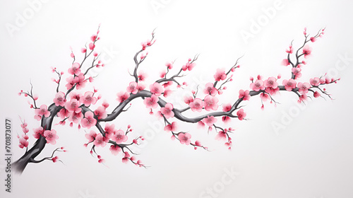 white background with branches of Japanese cherry trees with a traditional Japanese drawing design