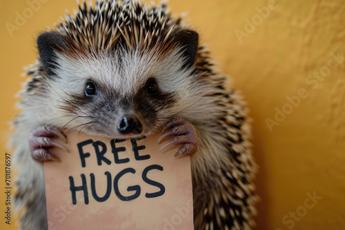 A cute hedgehog holding a sign saying Free Hugs isolated on a yellow background 