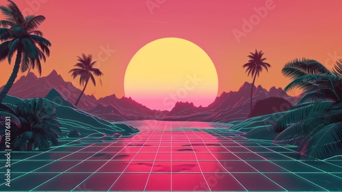 Retro-style background with a sun and landscape, adorned with vintage colors and minimalistic shapes.