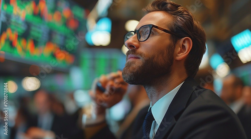 thoughtful man in glasses and a suit looks up, pondering, with colorful stock market data screens blurred in the background