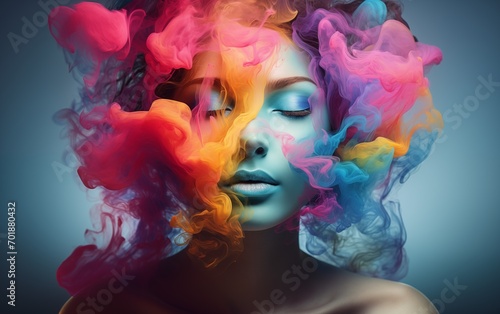 portrait of a girl in multicolored, gradient smoke, in the style of realism with elements of surrealism, flowing silhouettes, bright color palette