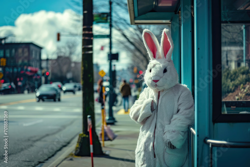 Person in a easter bunny costume standing on a street