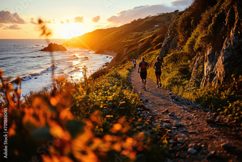 Group of friends running together on a scenic coastal trail at sunset, enjoying an active outdoor lifestyle.