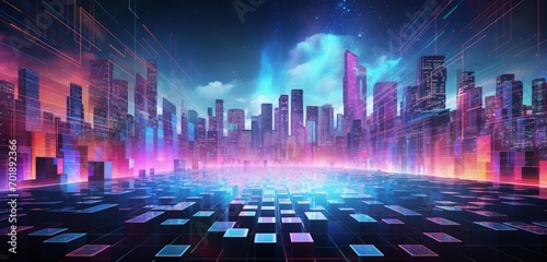 Abstract digital pixel design in a futuristic cityscape in neon colors on a 3D wall, representing abstract digital pixel design