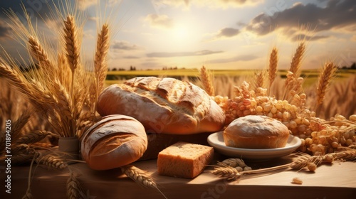 assortment of baked bread on table in front of wheat field at sunset
