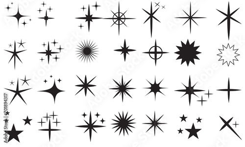Shining star icons, abstract sparkle black silhouettes icon set. Set of twinkling stars vector. Modern geometric elements, shining star icon set. Glittering stars vector.