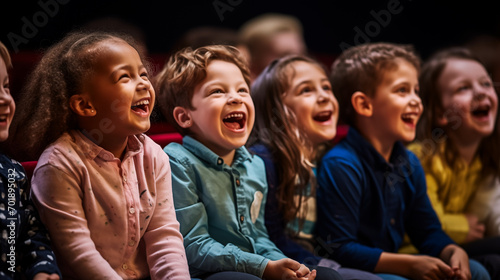 A group of children laughing during a comedic theater performance.