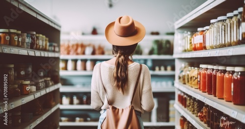 Woman wearing hat and looking at bottles in aisle of grocery store. Generative AI