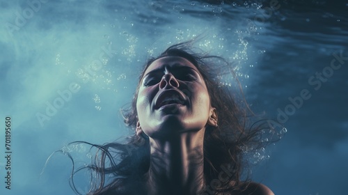 Woman Underwater In Anguish Distress (Generative AI).