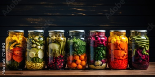Home canning for the winter. Glass jars with vegetables and spices. Healthy food. Generative AI