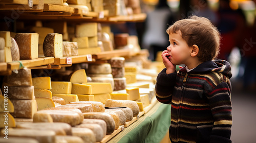 A child tasting local cheese at a Burgundy market.