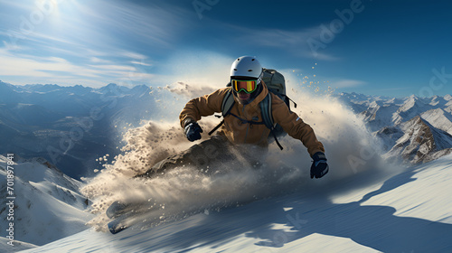 Snowboarder on the slope jumping in the air mountains freestyle skier sports