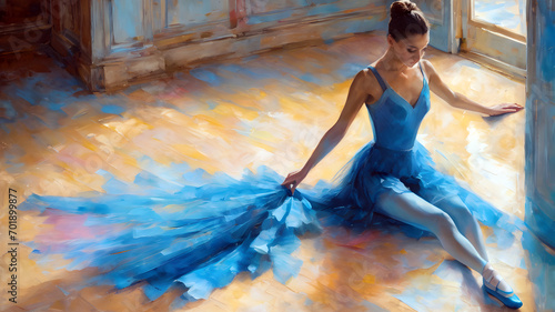 young ballerina in blue sits tired on the floor