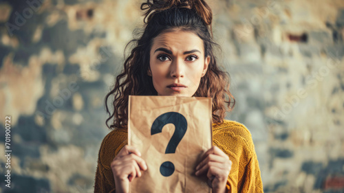 A perplexed woman is contemplating while holding a paper bag with a question mark icon, providing space for additional information.