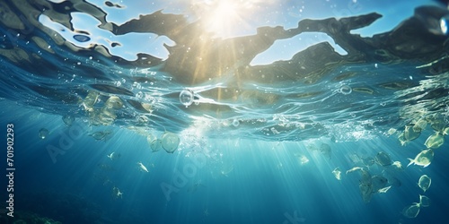 Light penetrating beneath the sea with bubbles ascending to the surface in the Mediterranean waters of France.