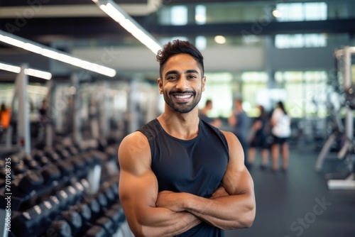 Fitness, gym and happy indian man personal trainer ready for workout coaching