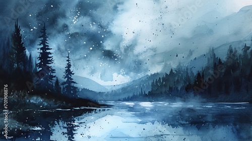 Watercolor star and lake landscape