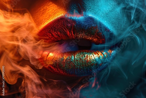 multicolored closeup of a female lips exhaling smoke