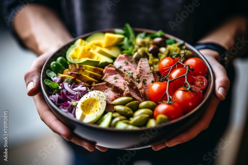 A woman holds a bowl of beef cobb salad, ready to enjoy a nutritious lunch with coffee, reflecting her commitment to a healthy lifestyle.