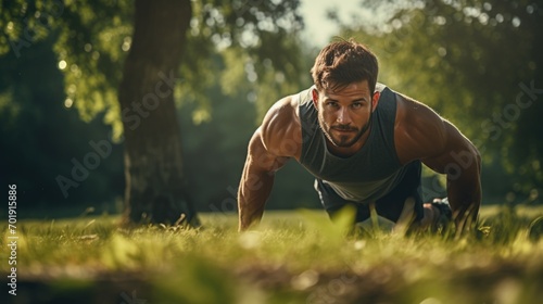 Handsome man doing push-ups in the forest.