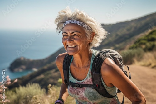 A petite, silver-haired, slender woman hikes up the hills into the mountains, overlooking a valley with the sea.