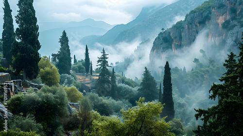 A photo of the Oracle of Delphi, with verdant forests as the background, during a foggy dawn